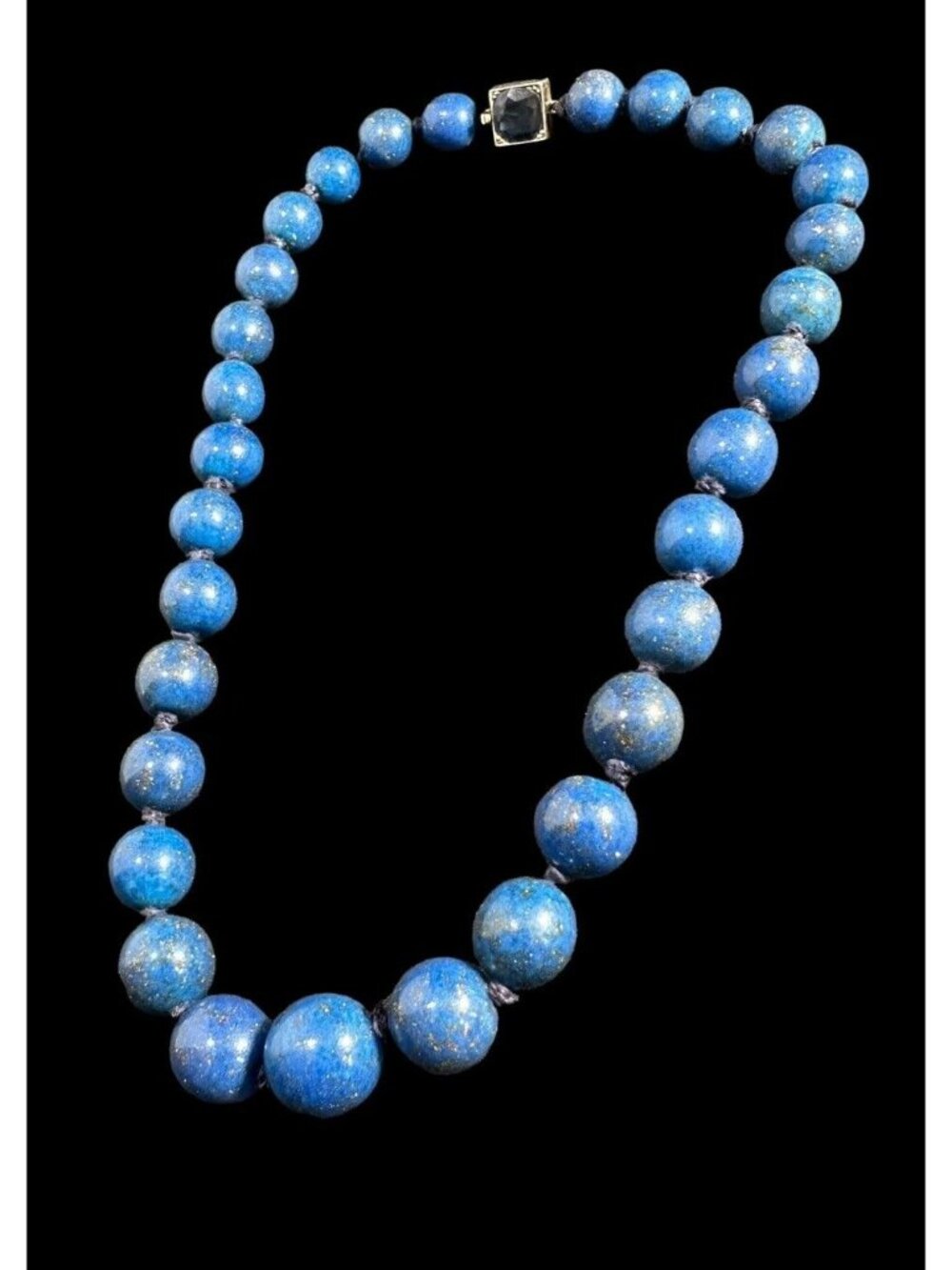 Necklace Lapis Lazuli Hand Knotted Beaded Sterling Silver Clasp Vintage 15.5 in